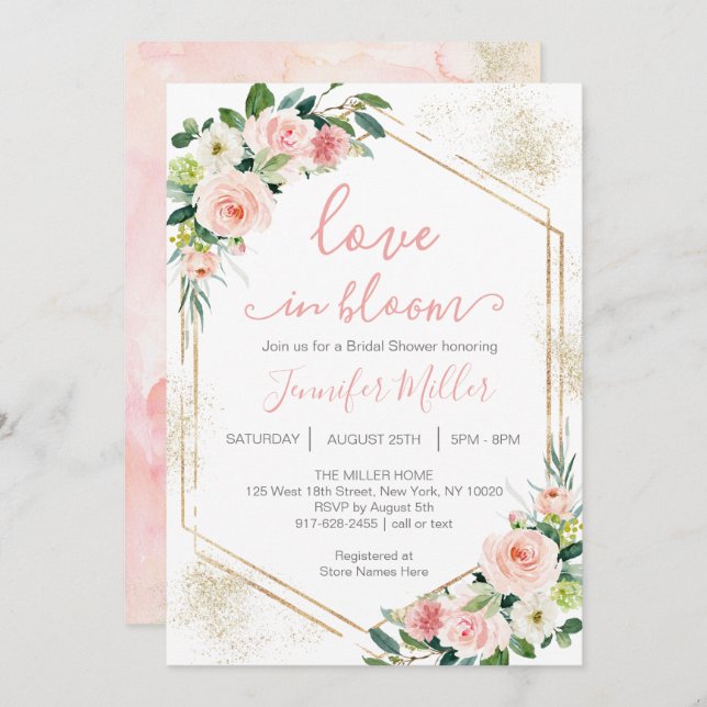 Convites Amor Rosa Esbranquiçado Em Chá de panela Floral De (Frente/Verso)