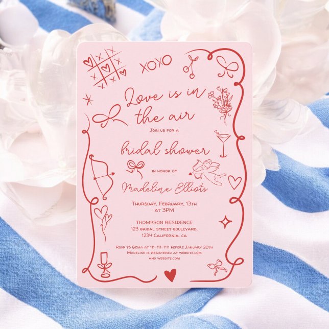 Convites Amor Rosa Vermelho no chá de panela aéreo (Retro Red Pink Love in the air bridal shower Invitation)