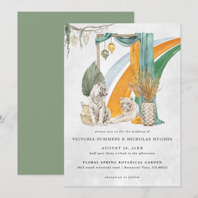Convites Amor Selvagem | Casamento Boho Macramê de Tigre Ve (Frente/Verso)