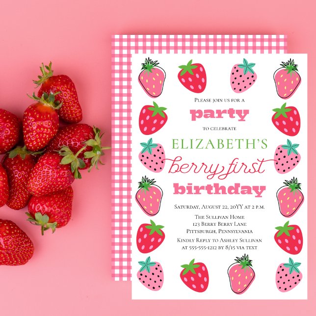 Convites Amoras Mortas - Primeira Festa de aniversário de B (Cute Strawberries Girl's "Berry First Birthday" Birthday Party Invitation)