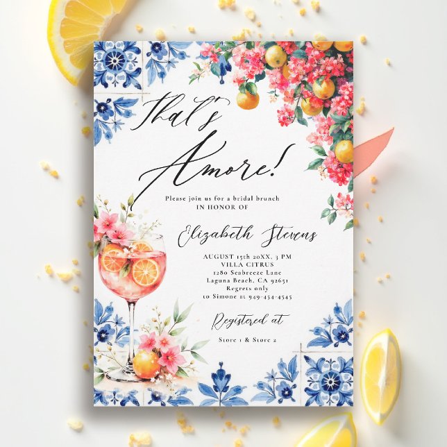Convites Amore Italian Lemon Floral Brunch Bridal Shower  (thats amore italian themed bridal shower invitation lemon blue watercolor floral bouganvillea brunch)
