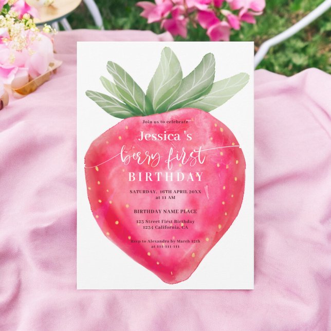 Convites Amoreira branca de primeiro aniversário com aquare (Cute berry first birthday watercolor strawberry invitation)