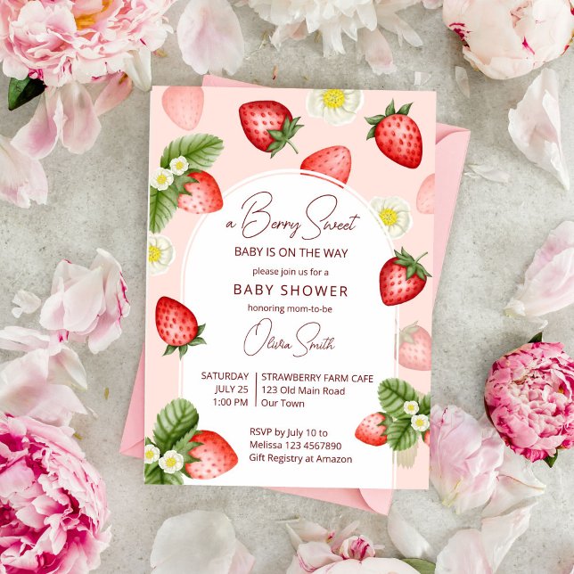Convites Amoreira de morango (Berry sweet strawberry baby shower invitation template instant download strawberry arch watercolor)