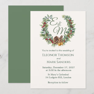Convites Amoreira de Natal, monograma de wreath de pinheiro