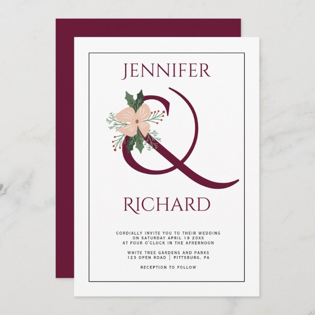 Convites Ampersand burgundy elegante e casamento floral ros (Frente/Verso)