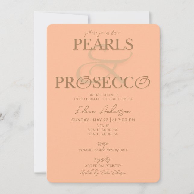 Convites Ampersand Peach Fuzz Pearls Chá de panela Prosecco (Frente)