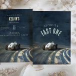 Convites Ampliando Em Um: Vintage Race Car Aniversário<br><div class="desc">Prepare-se para entrar em um memorável primeiro aniversário com nosso Vintage Race Car Birthday Invitation! Este convite de dois lados apresenta um carro de corrida elegante e clássico a aproximar-se de uma faixa texturizada, deixando uma trilha de entusiasmo. A frente mostra uma ousada declaração de velocidade com a frase "[Name]...</div>