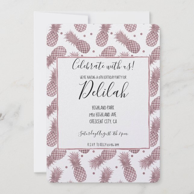 Convites Ananases Dourados rosa (Frente)