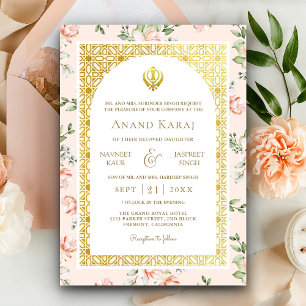 Convites Anand Karaj Floral de Pêssego Casamento Sikh Punja