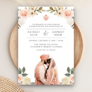Convites Anand Karaj Floral de Pêssego Suave Casamento Sikh