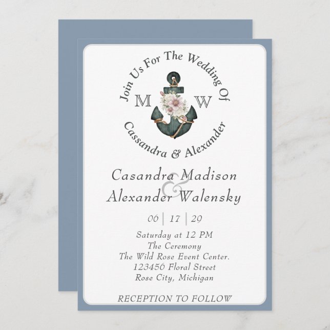 Convites Anchor Floral Náutico Casamento Dusty Azul (Frente/Verso)