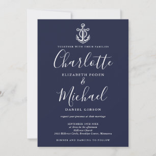 Convites Âncora Azul-Marinho Código QR Casamento Náutico