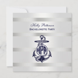 Convites Âncora Azul Prata Branco Marinho Monograma Círculo