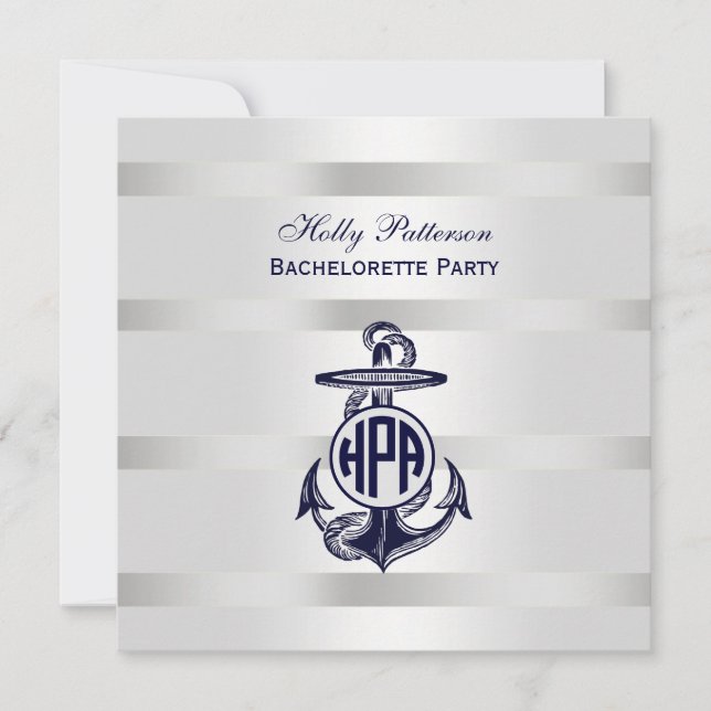 Convites Âncora Azul Prata Branco Marinho Monograma Círculo (Frente)
