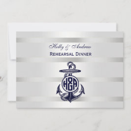 Convites Âncora Azul Prata Branco Marinho Monograma Círculo