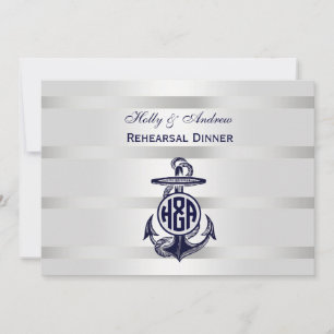Convites Âncora Azul Prata Branco Marinho Monograma Círculo
