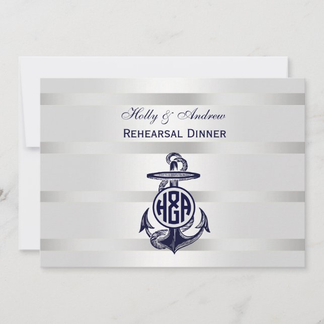 Convites Âncora Azul Prata Branco Marinho Monograma Círculo (Frente)