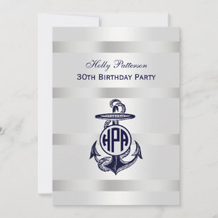 Convites Âncora Azul Prata Branco Marinho Monograma Círculo
