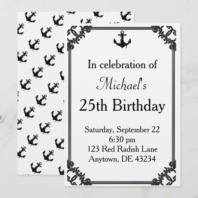 Convites Âncora de Barco Preta de Aniversário (Frente/Verso)
