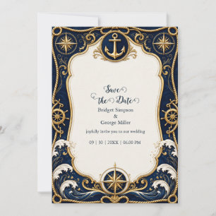 Convites Âncora de Casamento Náutico Luxo Navy Dourado