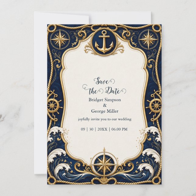 Convites Âncora de Casamento Náutico Luxo Navy Dourado (Frente)