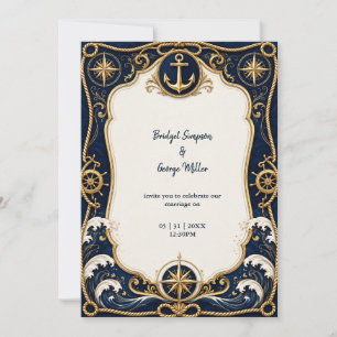 Convites Âncora de Casamento Náutico Luxo Navy Gold