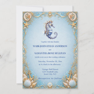 Convites âncora de cavalo-marinho tema praia casamento