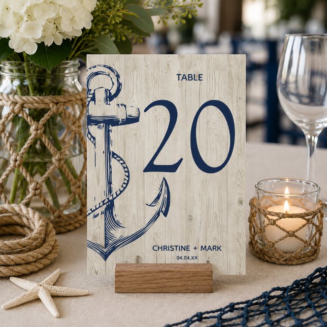 Convites Âncora de Esboço Náutico Marinho em Madeira Rústic (Nautical themed table number card that is customizable.
)