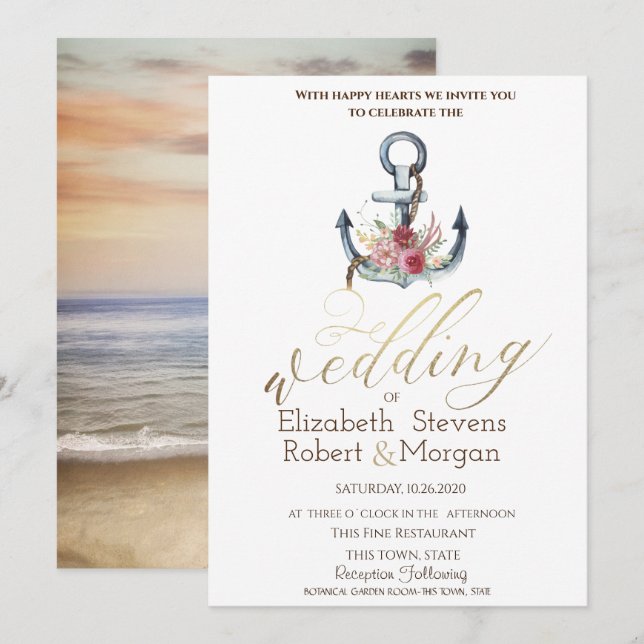Convites Âncora de Flores de Aquarela Casamento Náutico   (Frente/Verso)