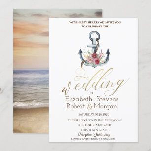 Convites Âncora de Flores de Aquarela Casamento Náutico