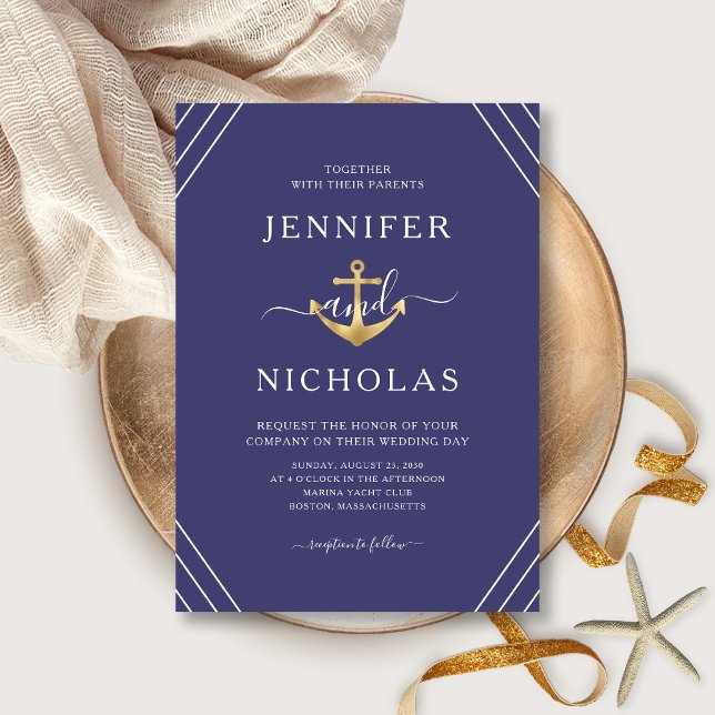 Convites Âncora de Ouro Náutico Listras Azul Marinho Casame (Front / Nautical Gold Anchor Stripes Navy Blue Wedding Invitation)
