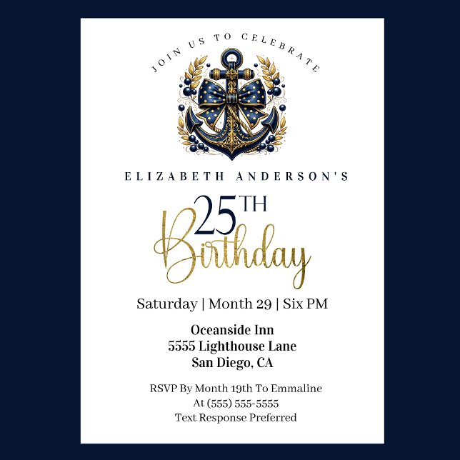 Convites Âncora de Proa Náutica Azul e Dourada Aniversário  (Blue and gold nautical anchor 25th birthday invitation)