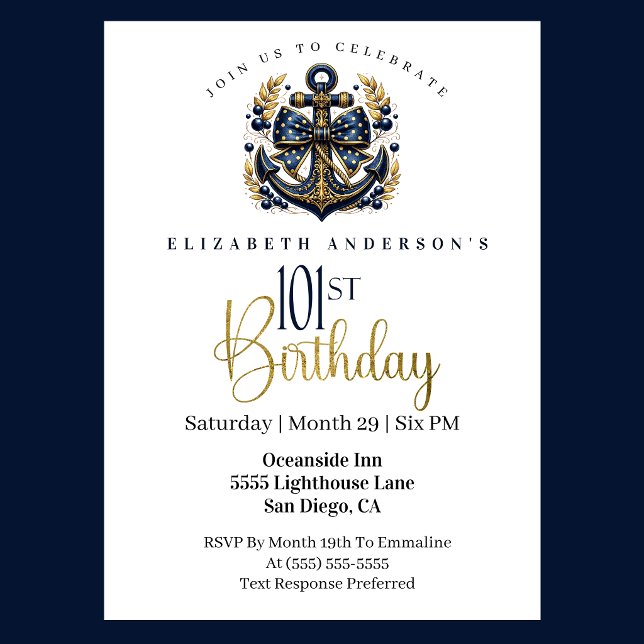 Convites Âncora de Proa Náutica Azul e Dourada de 101 Anos  (Blue and gold nautical 101st birthday invitation)