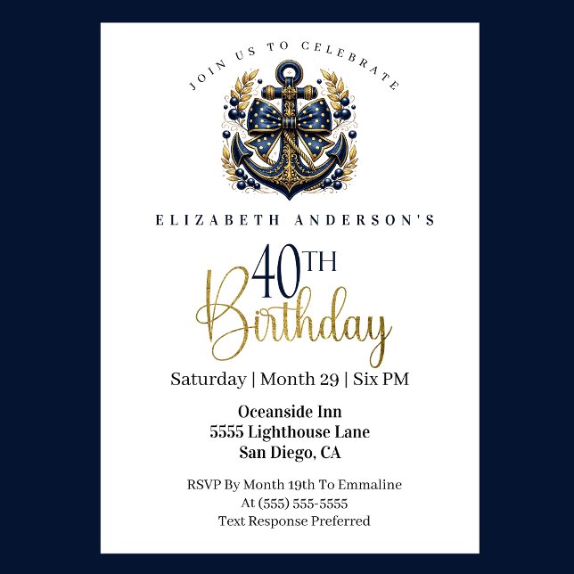 Convites Âncora de Proa Náutica Azul e Dourada para 40º Ani (Blue and gold nautical anchor 40th birthday invitation)