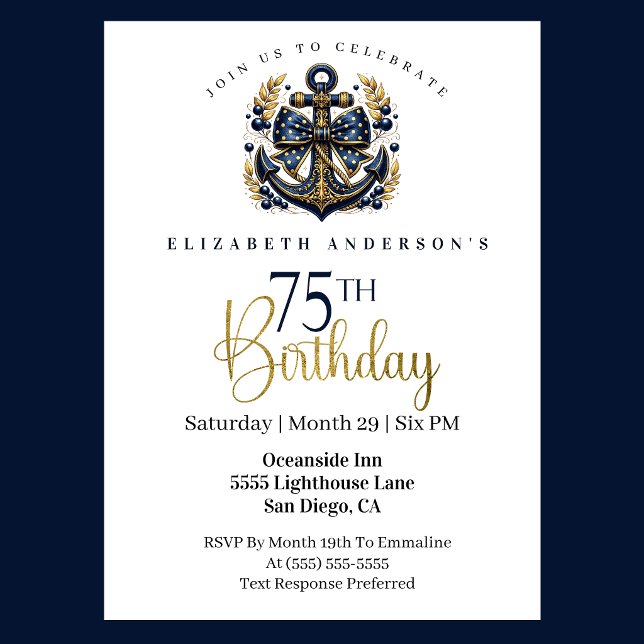 Convites Âncora de Proa Náutica Azul e Dourada para 75º Ani (Blue and gold nautical 75th birthday invitation)