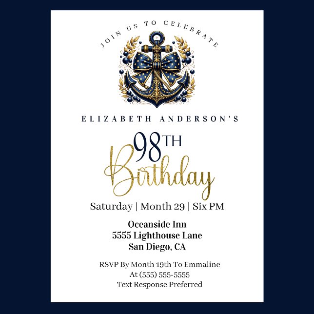 Convites Âncora de Proa Náutica Azul e Dourada para 98º Ani (Blue and gold nautical 98th birthday invitation)