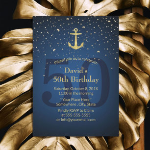 Convites Âncora Dourada Náutica Azul Marinho 50.a Festa d