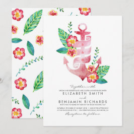 Convites Âncora Floral Rosa| Náutico| Casamento de praia