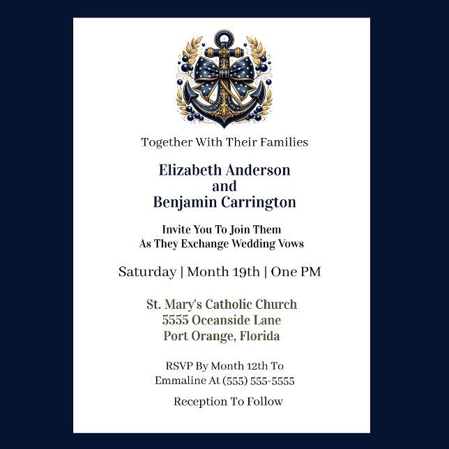 Convites Âncora Náutica Azul e Dourada Casamento (Nautical blue and gold anchor wedding invitation with photo elegant seaside theme
)