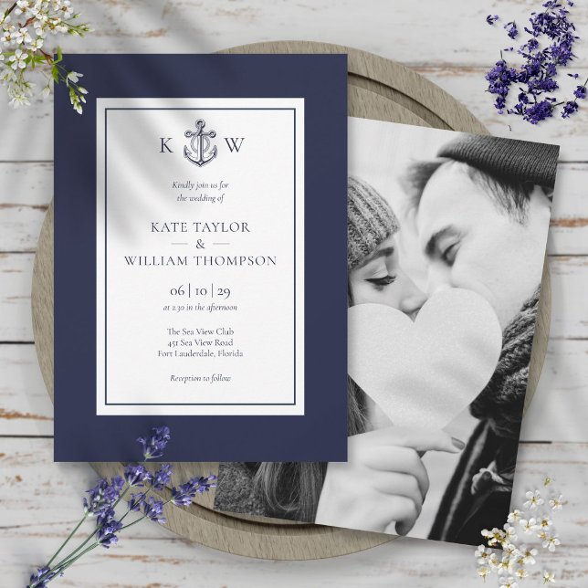 Convites Âncora Náutica Azul Marinho Fotografia de Casament (Nautical Anchor Navy Blue Monogram Wedding Photo Invitation)