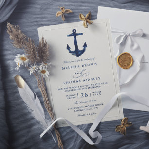 Convites Âncora Náutica Azul Moderno Chic Elegante Casament