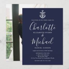 Convites Âncora Náutica Casamento Foto Script Azul Marinho