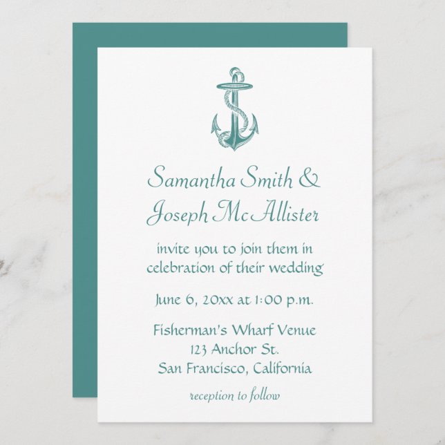 Convites Âncora Náutica Casamento Vintage Azul Verde (Frente/Verso)