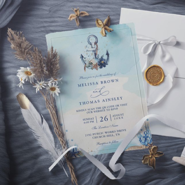 Convites Âncora Náutica Chic Praia Casamento Moderno Código (Criador carregado)