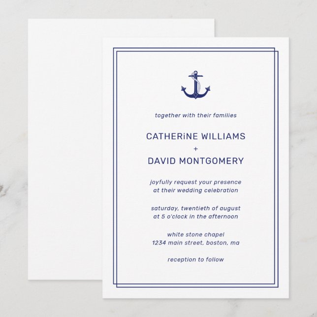 Convites Âncora Náutica Marinha e Branco Casamento Minimali (Frente/Verso)