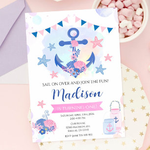 Convites Âncora Naval Rosa Náutico Menina 1º Aniversário