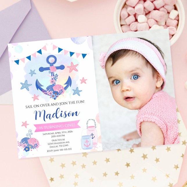 Convites Âncora Naval Rosa Náutico Menina de 1 Ano de Idade (Criador carregado)