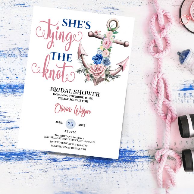 Convites Âncora Rosa Amarrando o Nó Chuveiro de Noiva Náuti (Anchor Rose Tying the Knot Nautical Bridal shower floral summer for her blush pink bride to be invit)