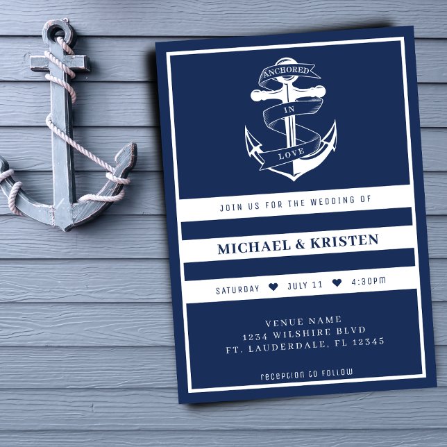 Convites Ancorado no Casamento da Âncora Azul Náutica com A (Anchored in Love Nautical Blue Anchor Wedding Invitation
)