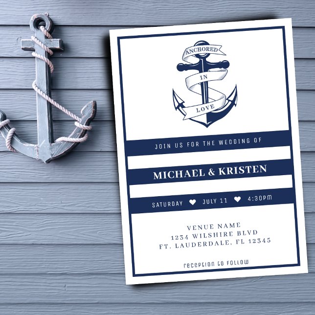 Convites Ancorado no Casamento de Âncora Branca e Azul (Anchored in Love White & Blue Anchor Wedding Invitation
)